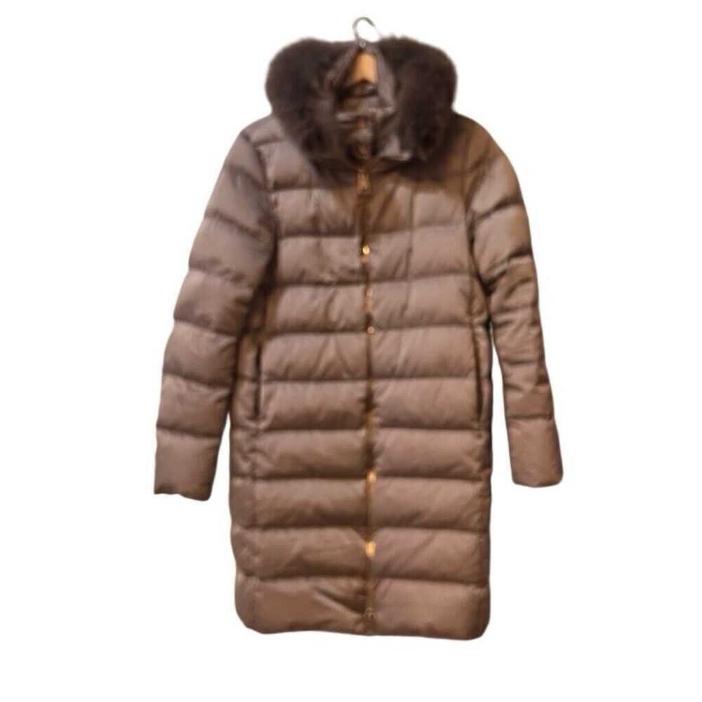 Herno Satin A Shape Down Coat Jacket Fox Fur 46/ Medium Length Beige